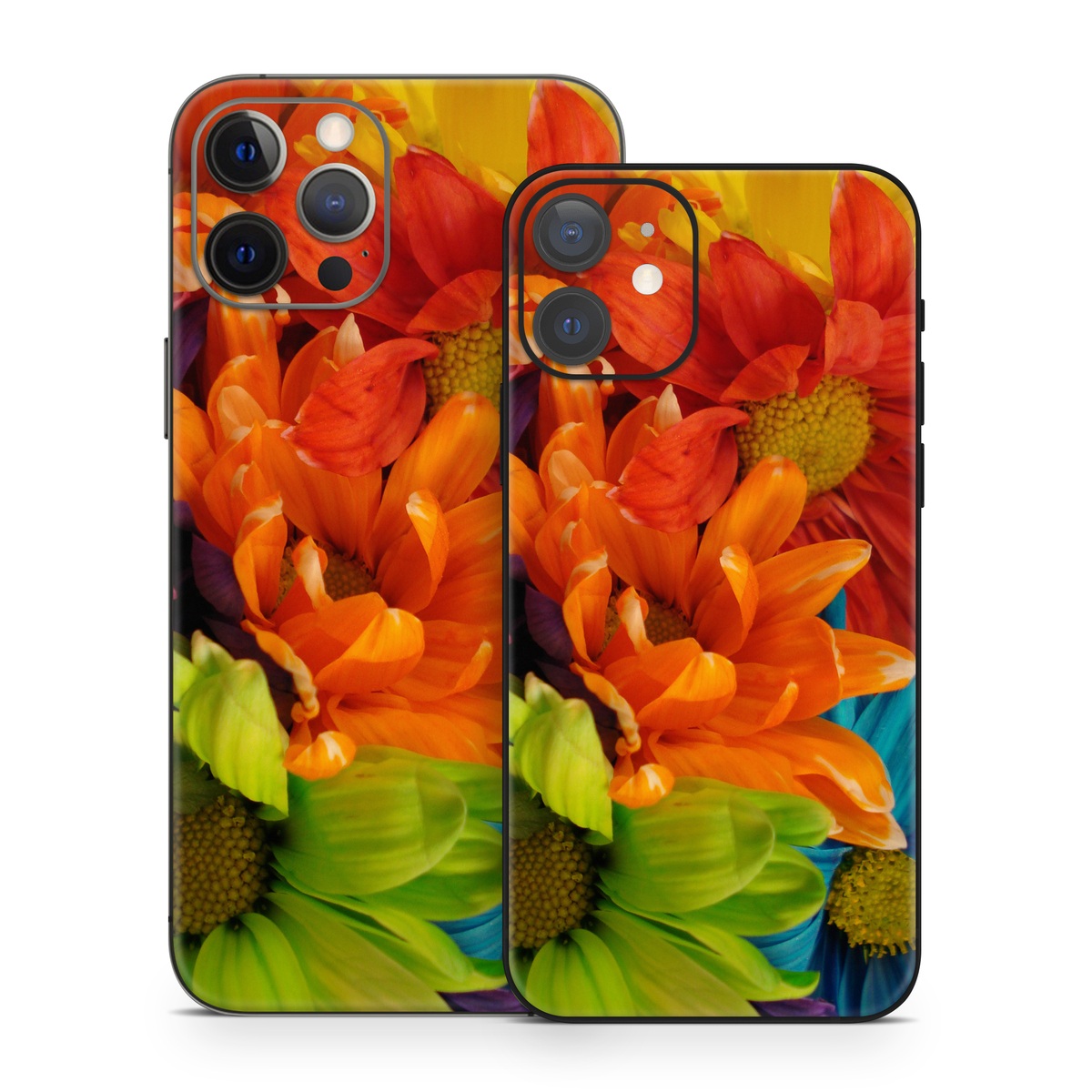 iPhone 12 Series Skin design of Flower, Petal, Orange, Cut flowers, Yellow, Plant, Bouquet, Floral design, Flowering plant, Gerbera, with red, green, black, blue colors