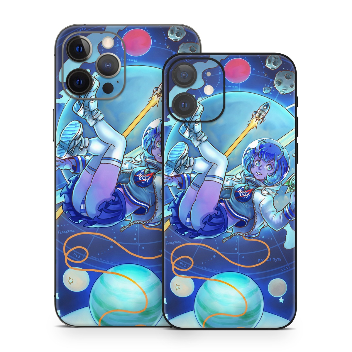 iPhone 12 Series Skin design of Cartoon, Illustration, Graphic design, Games, Space, Design, Anime, Art, Graphics, Fictional character, with blue, white, yellow, purple, green, red, orange, black colors