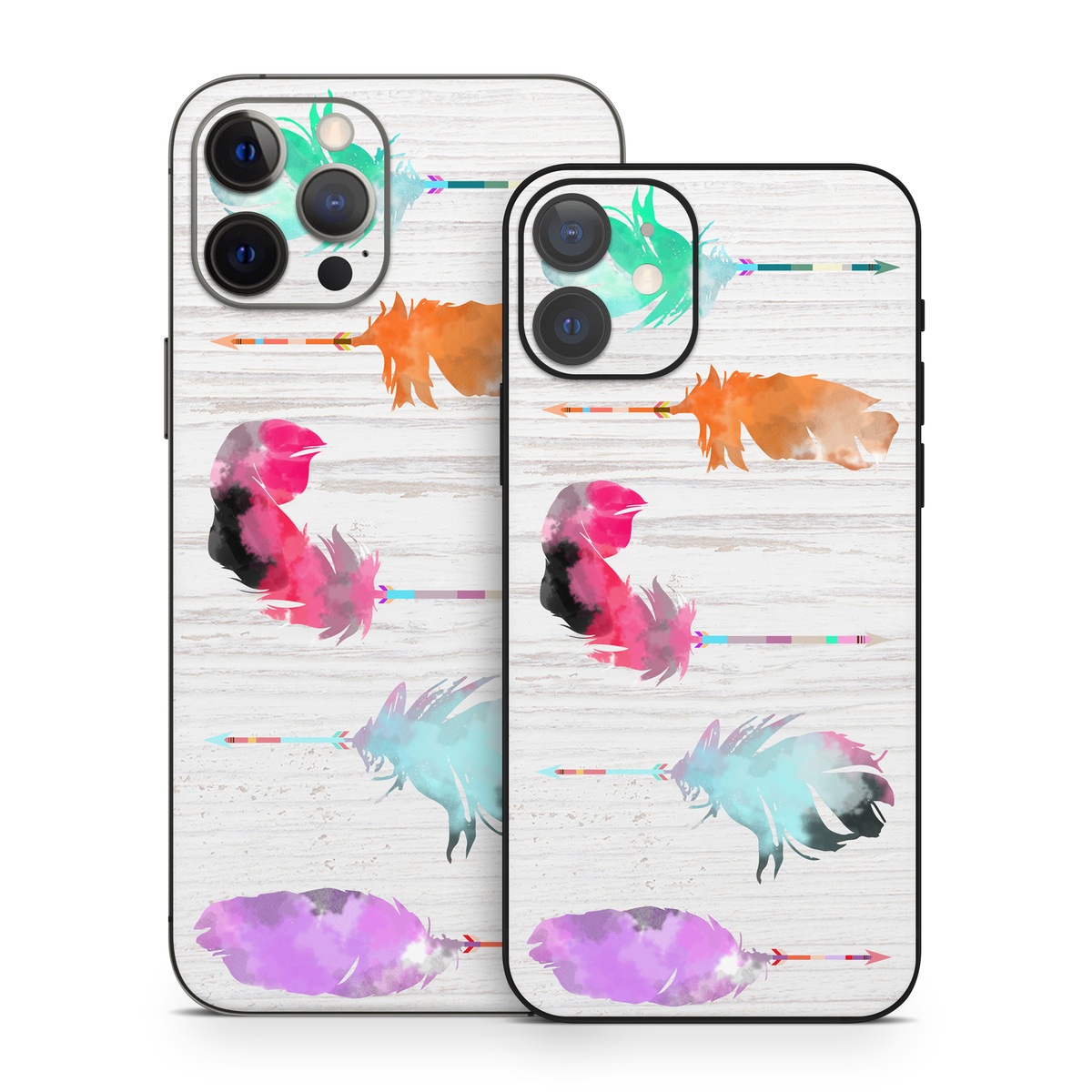 iPhone 12 Series Skin design of Pink, Watercolor paint, Illustration, Feather, Design, Art, Painting, Graphic design, Visual arts, Drawing, with white, orange, red, blue, pink, purple, green colors