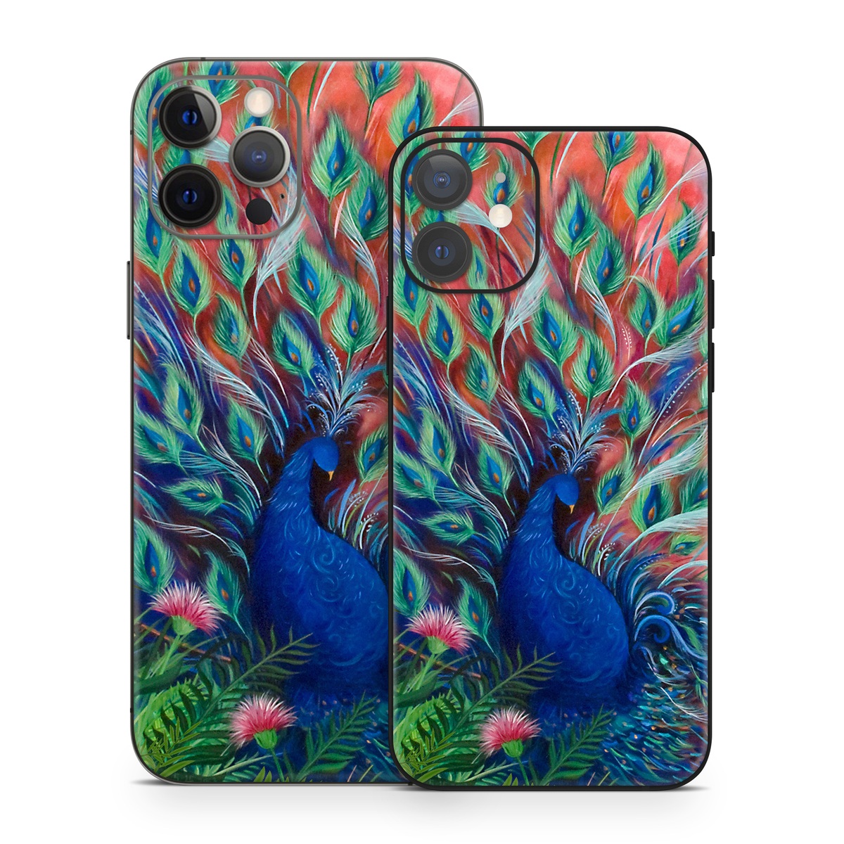 iPhone 12 Series Skin design of Painting, Acrylic paint, Bird, Child art, Art, Galliformes, Peafowl, Visual arts, Watercolor paint, Plant, with black, red, gray, blue, green colors