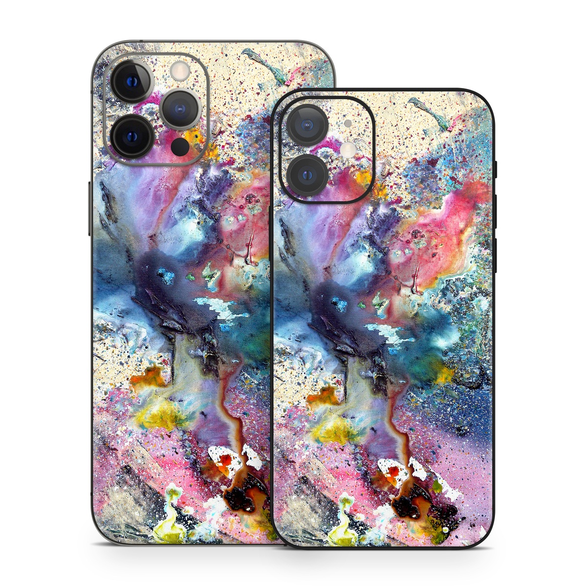 iPhone 12 Series Skin design of Watercolor paint, Painting, Acrylic paint, Art, Modern art, Paint, Visual arts, Space, Colorfulness, Illustration, with gray, black, blue, red, pink colors