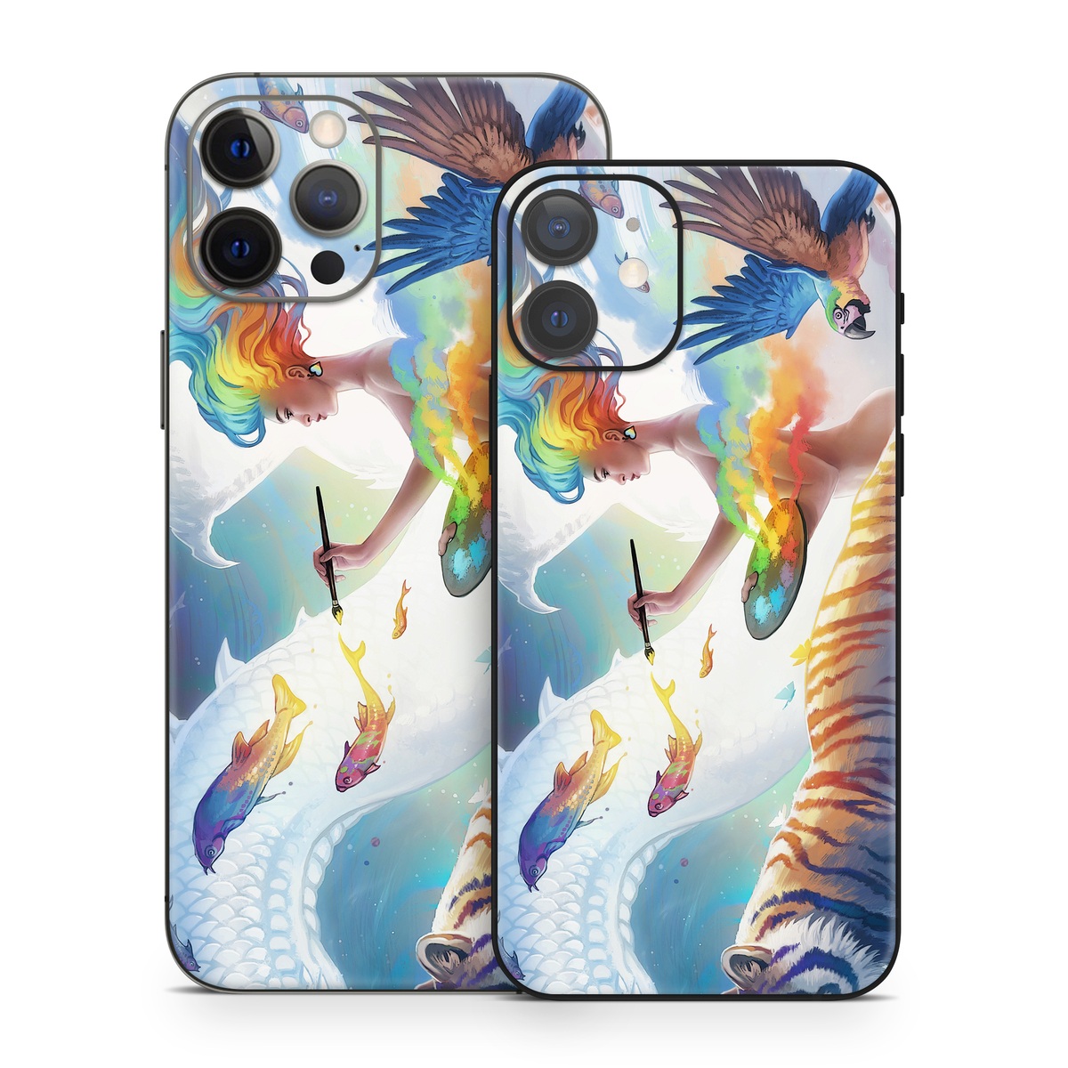 iPhone 12 Series Skin design of Siberian tiger, Bengal tiger, Vertebrate, Tiger, Felidae, Mammal, Water, Carnivore, Art, Painting, with blue, red, yellow, orange, green, purple, black, white colors