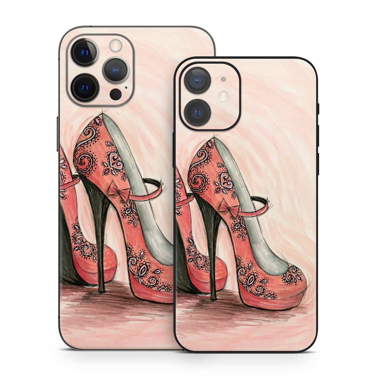 iPhone 12 Series Skin design of Footwear, High heels, Shoe, Pink, Court shoe, Illustration, Leg, Basic pump, Peach, Painting, with pink, gray, red, white, black, green colors