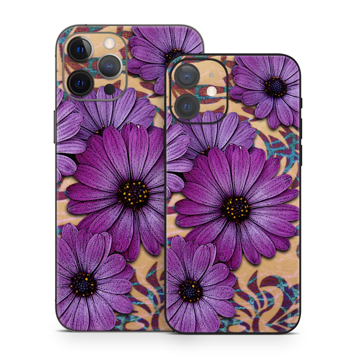 iPhone 12 Series Skin design of Purple, Flower, Violet, Petal, Plant, african daisy, Floral design, Wildflower, Pattern, Textile, with purple, black, gray, blue, green, red colors