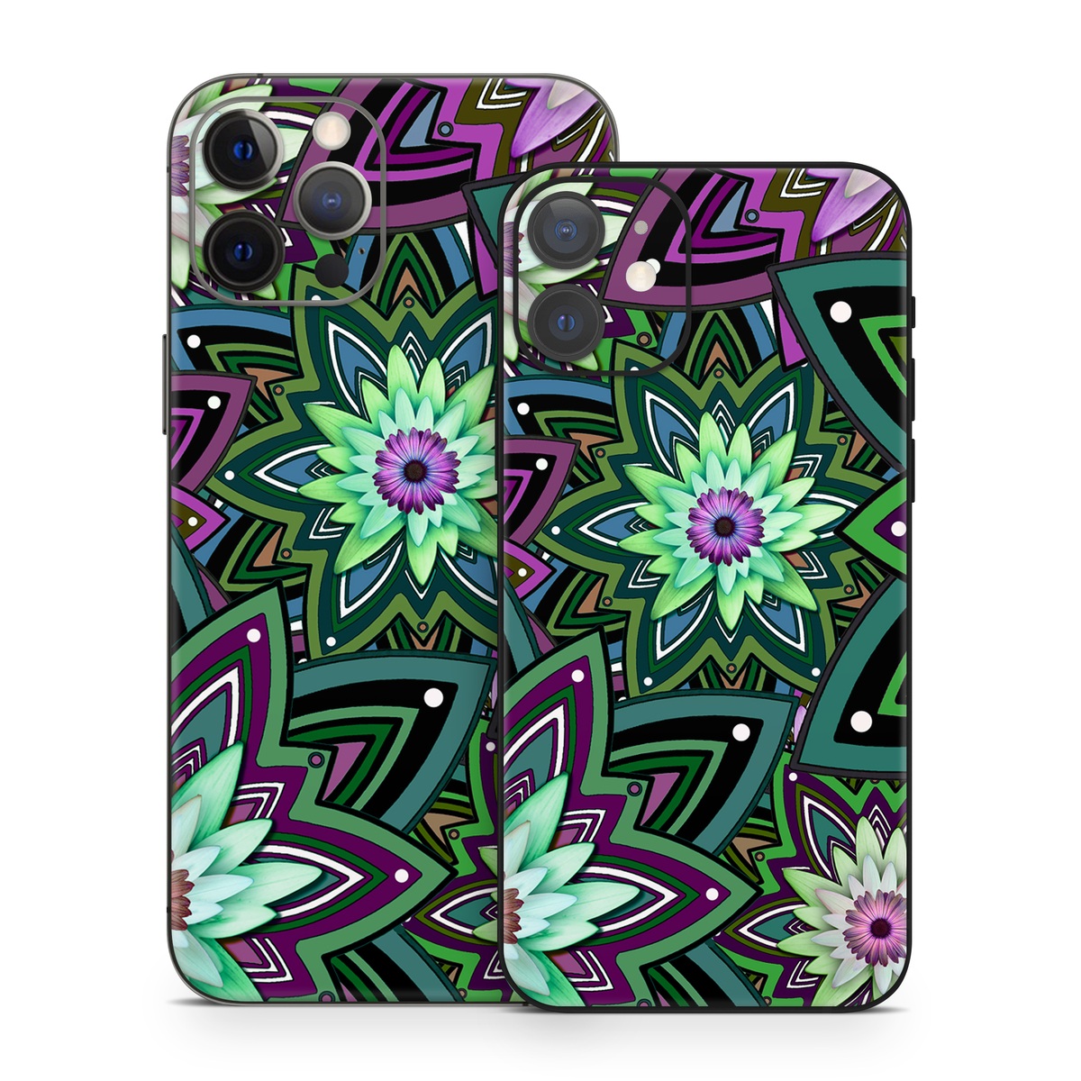 iPhone 12 Series Skin design of Pattern, Purple, Green, Flower, Psychedelic art, Design, Lilac, Plant, Symmetry, Visual arts, with black, gray, green, purple, blue, red colors