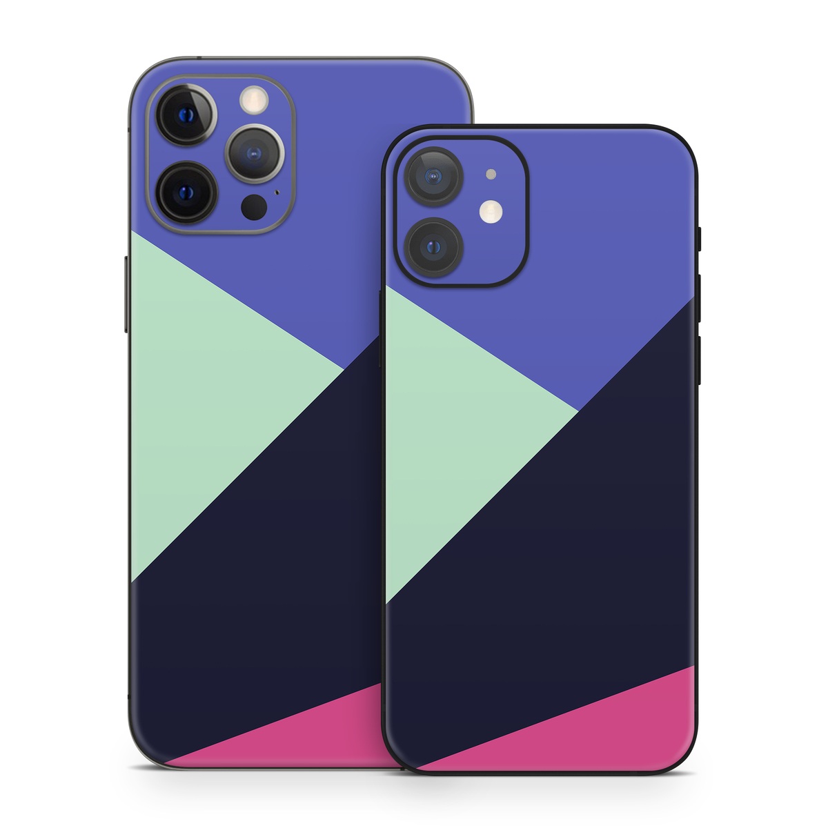 iPhone 12 Series Skin design of Purple, Violet, Line, Magenta, Graphic design, Triangle, Pattern, Design, Material property, Font, with black, blue, green, pink colors