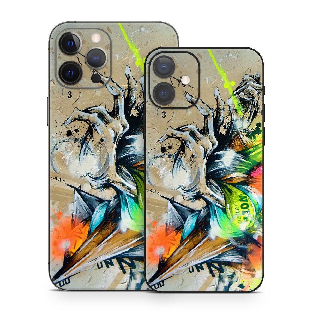 iPhone 12 Series Skin design of Graphic design, Art, Illustration, Fictional character, Visual arts, Graphics, Painting, Watercolor paint, Modern art, Games, with gray, black, green, red, orange, pink colors