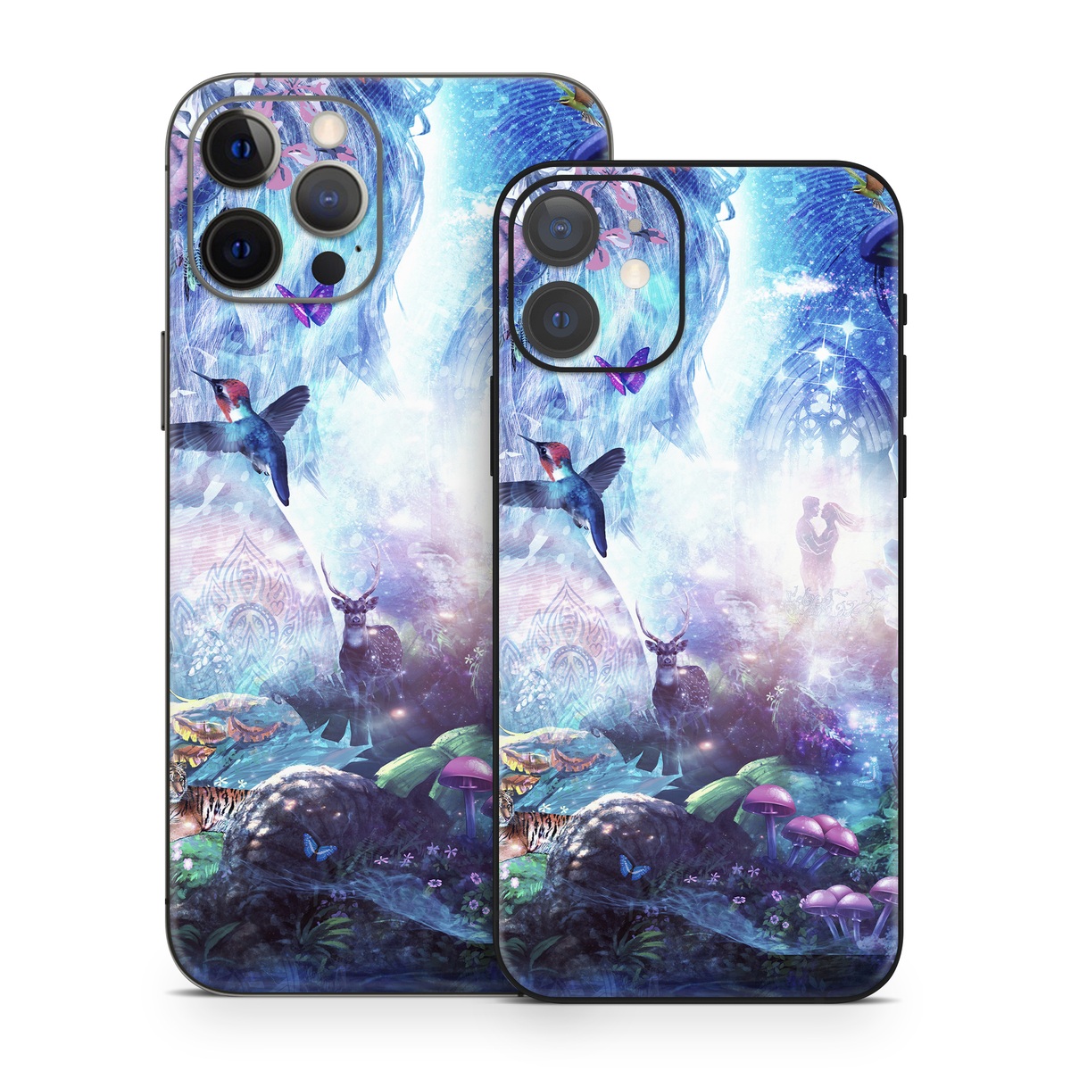 iPhone 12 Series Skin design of Man, Woman, Fictional Character, Mythology, Bird, Wing, Mythical Creature, Deer, Tiger, Mushrooms, Butterfly, with white, blue, green, red, yellow, black, purple, gray colors