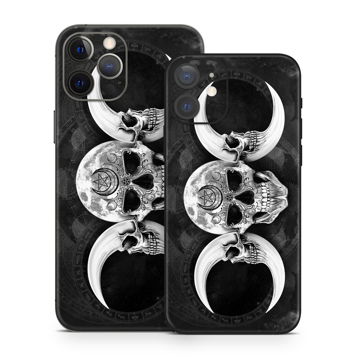 iPhone 12 Series Skin design of Bone, Skull, Darkness, Monochrome, Black-and-white, Circle, Symmetry, Visual Arts, Illustration, Skeleton, Drawing, with black, white, gray colors