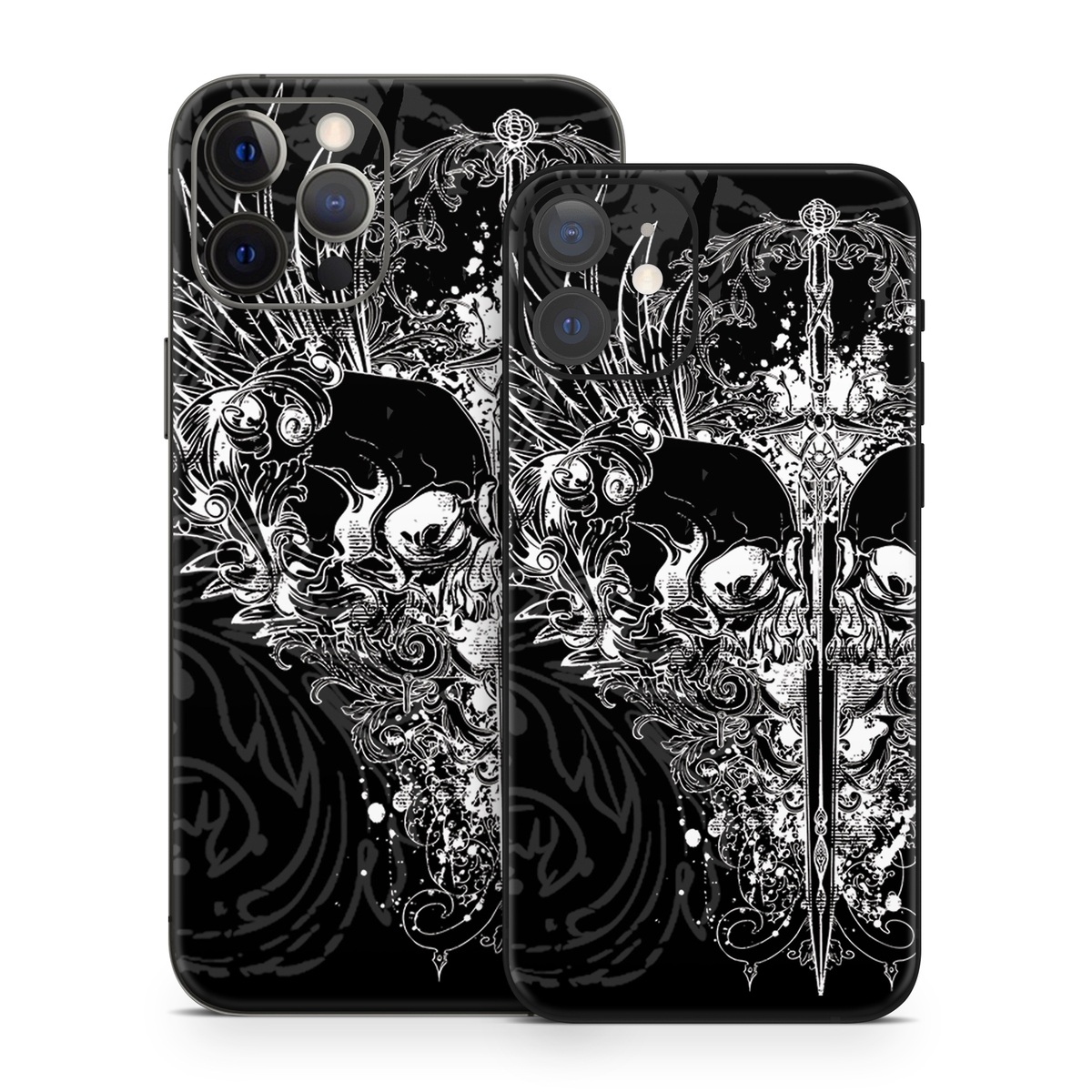 iPhone 12 Series Skin design of Illustration, Art, Design, Monochrome, Graphic design, Pattern, Fictional character, Skull, Black-and-white, Graphics, with black, gray colors