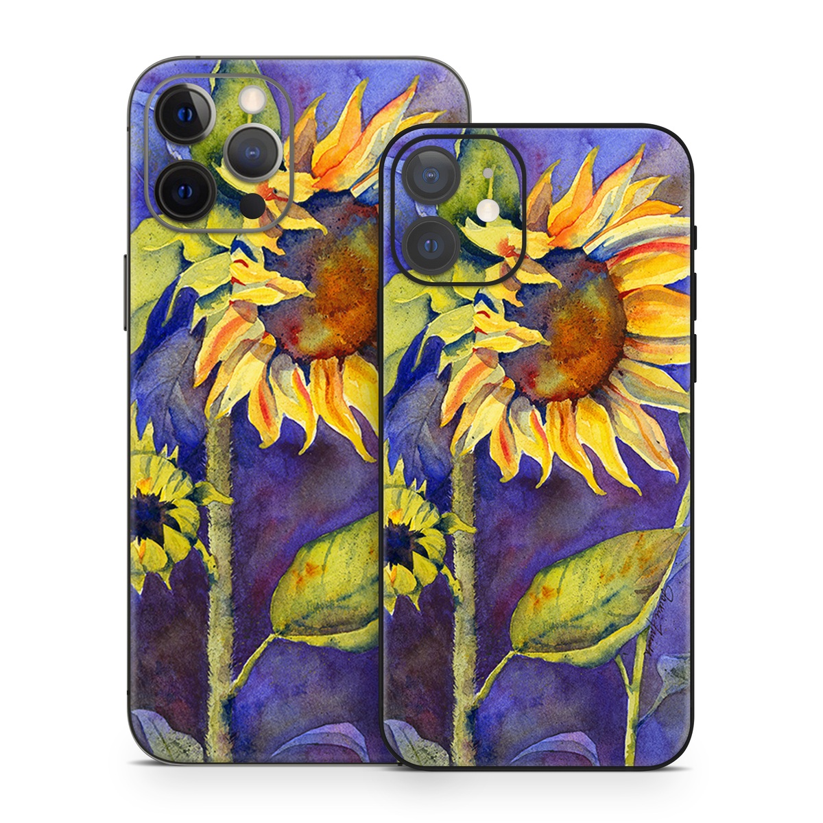 iPhone 12 Series Skin design of Flower, Sunflower, Painting, sunflower, Watercolor paint, Plant, Flowering plant, Yellow, Acrylic paint, Still life, with green, black, blue, gray, red, orange colors