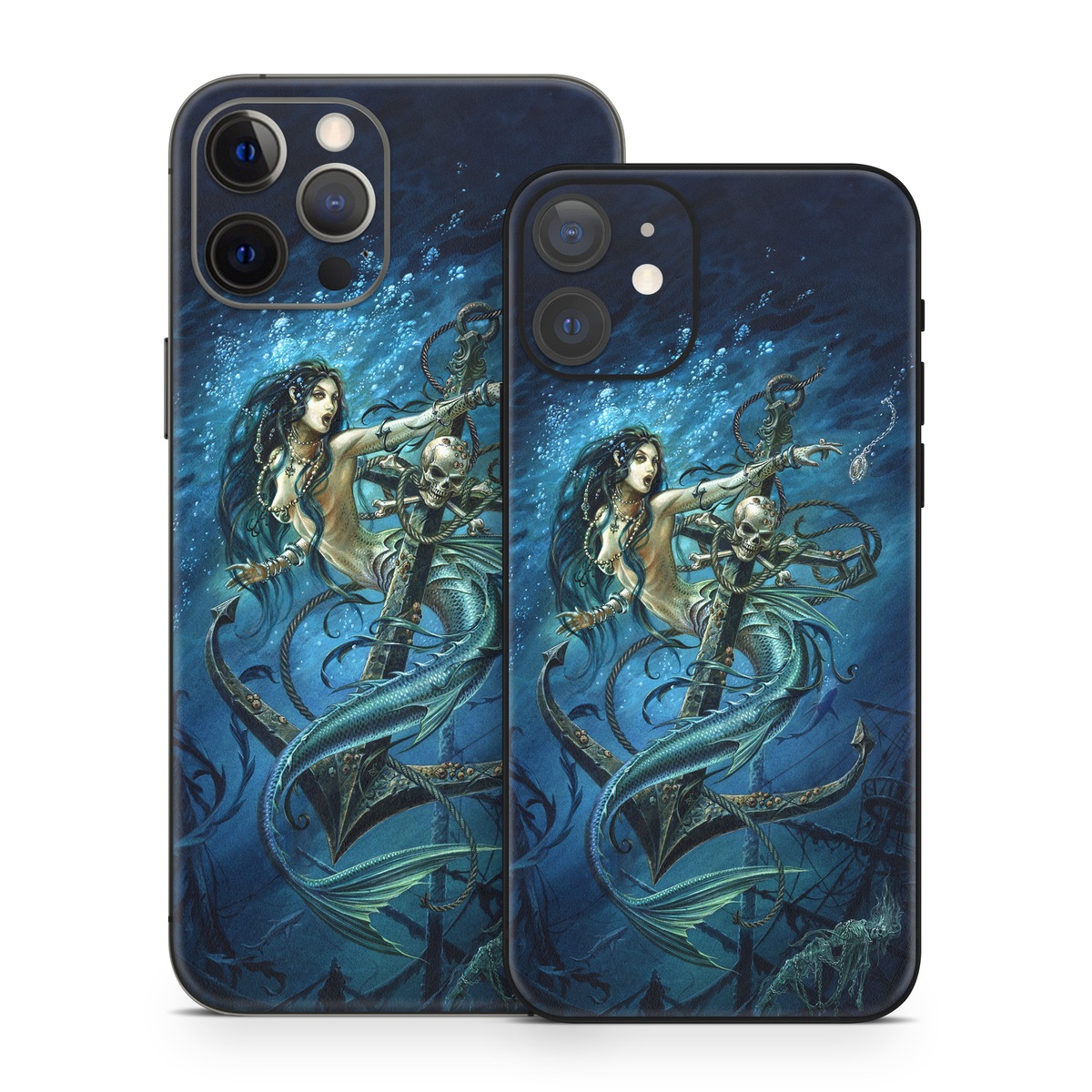 iPhone 12 Series Skin design of Mermaid, Cg artwork, Illustration, Fictional character, Art, Mythology, Mythical creature, Graphic design, with blue, green, white, black colors