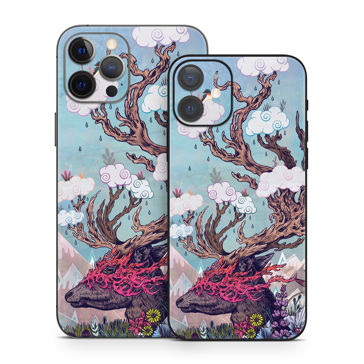 iPhone 12 Series Skin design of Illustration, Tree, Watercolor paint, Painting, Art, Plant, Acrylic paint, Fictional character, Flower, Blossom, with gray, black, red, purple, blue colors