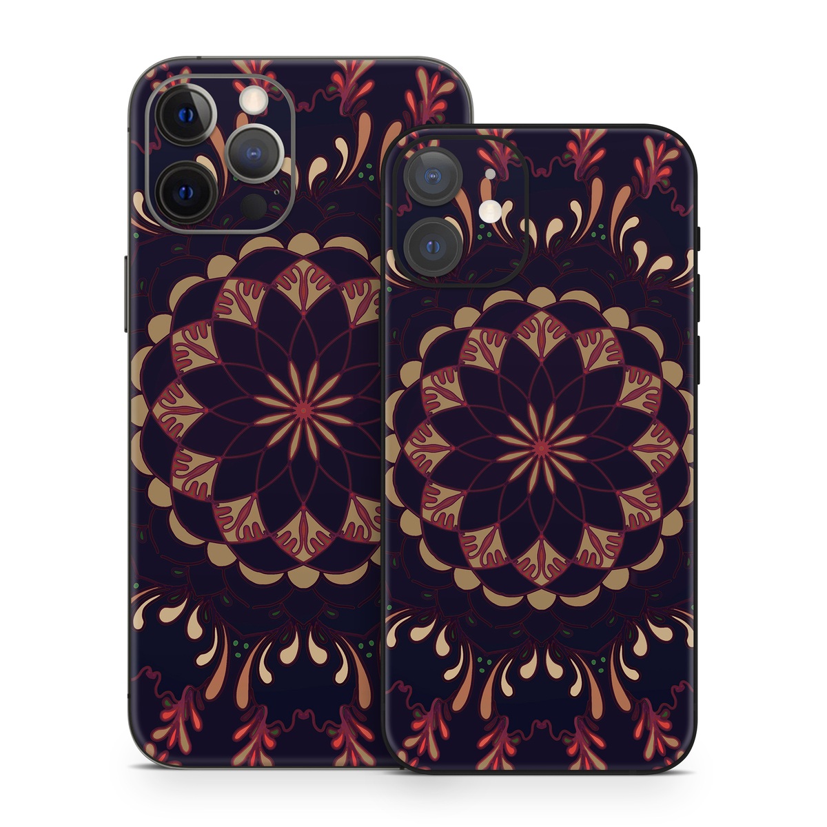iPhone 12 Series Skin design of Pattern, Brown, Red, Symmetry, Textile, Design, Visual arts, Tapestry, Kaleidoscope, with black, red, orange, yellow, brown colors