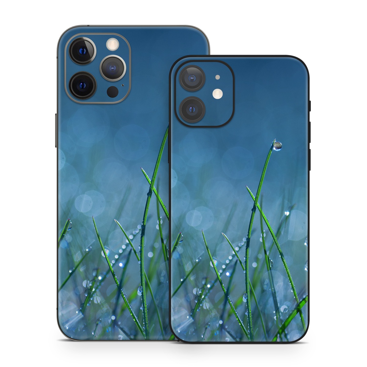 iPhone 12 Series Skin design of Moisture, Dew, Water, Green, Grass, Plant, Drop, Grass family, Macro photography, Close-up, with blue, black, green, gray colors