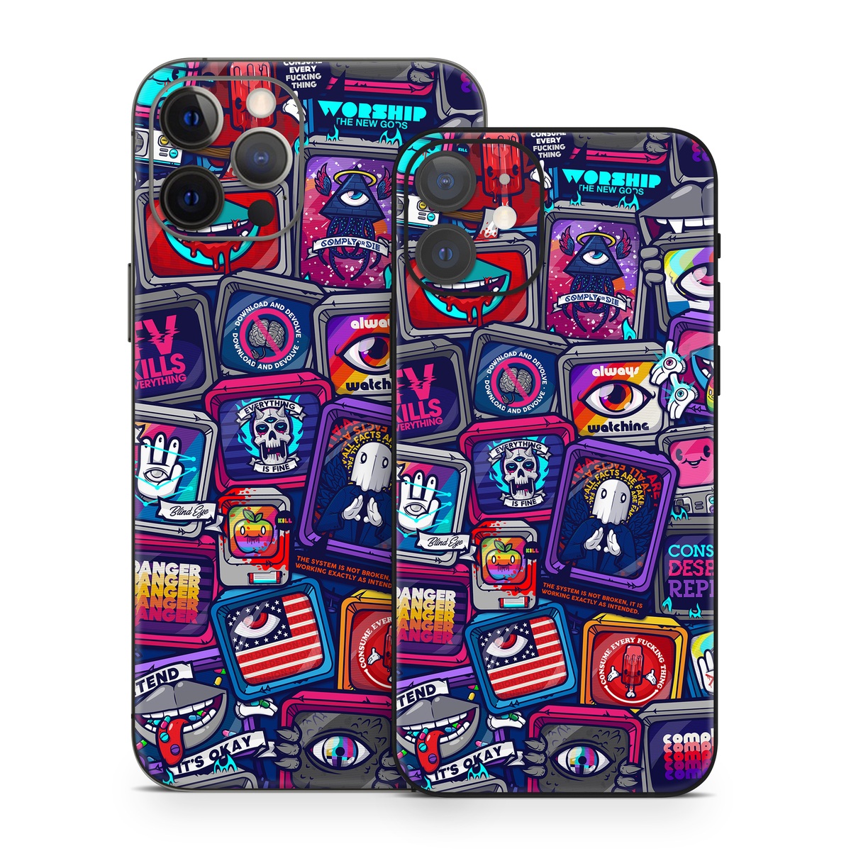 iPhone 12 Series Skin design of Pattern, Font, Art, Visual arts, Collection, with red, blue, black, gray, purple, yellow, white, green colors