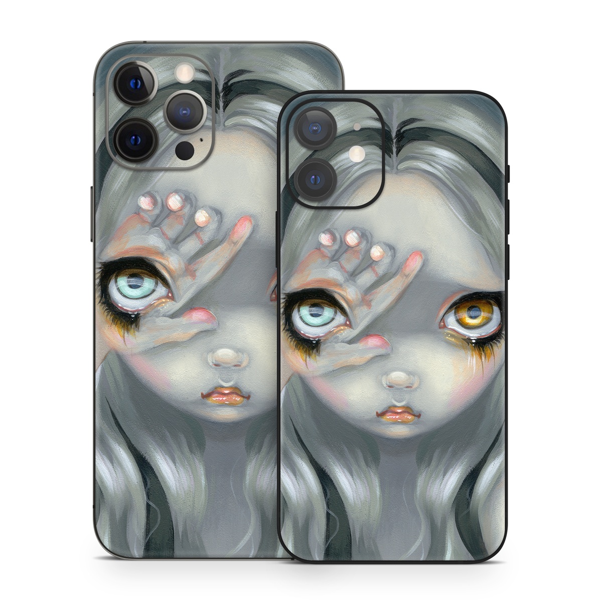 iPhone 12 Series Skin design of Face, Head, Cg artwork, Eye, Illustration, Organ, Fictional character, Art, Iris, Darkness, with black, gray, blue, green colors