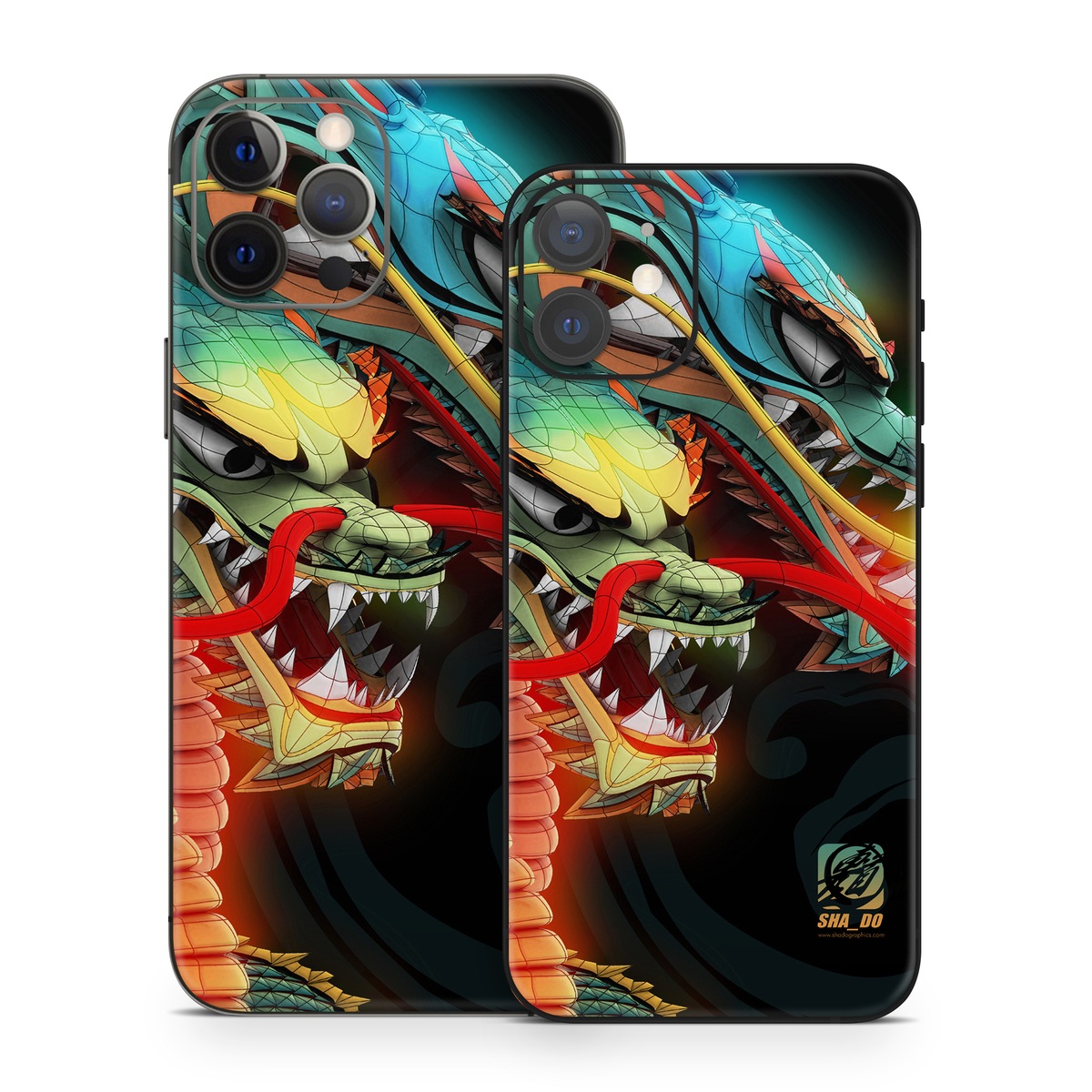 iPhone 12 Series Skin design of Dragon, Fictional character, Illustration, Art, Cg artwork, Fiction, Mythical creature, Graphics, with black, green, red, yellow, orange colors