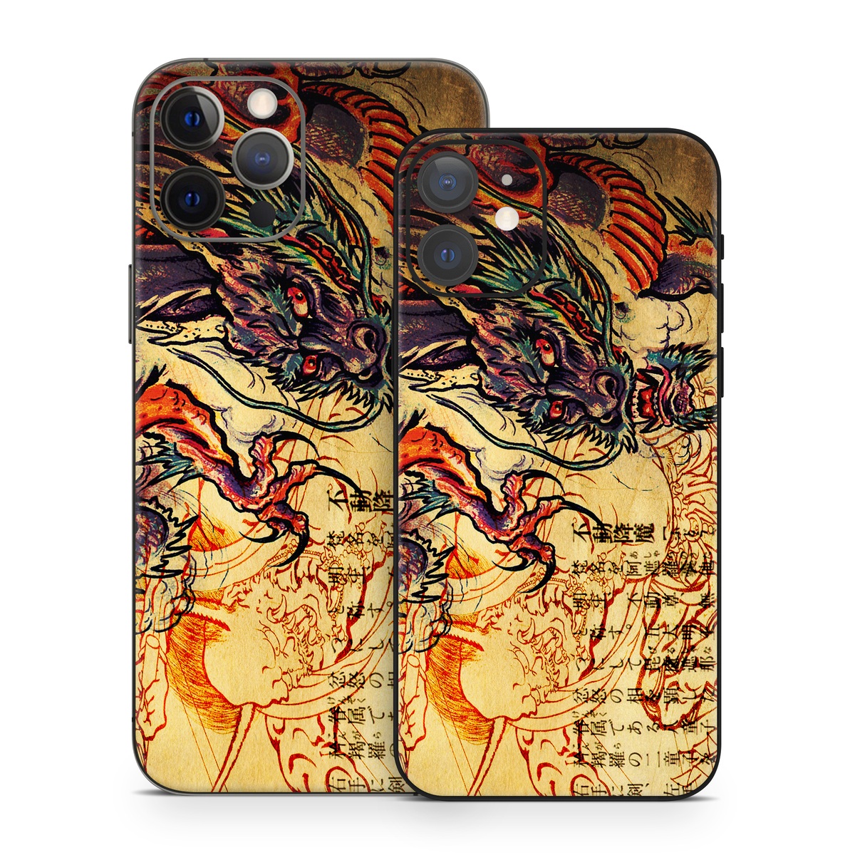 iPhone 12 Series Skin design of Illustration, Fictional character, Art, Demon, Drawing, Visual arts, Dragon, Supernatural creature, Mythical creature, Mythology, with black, green, red, gray, pink, orange colors