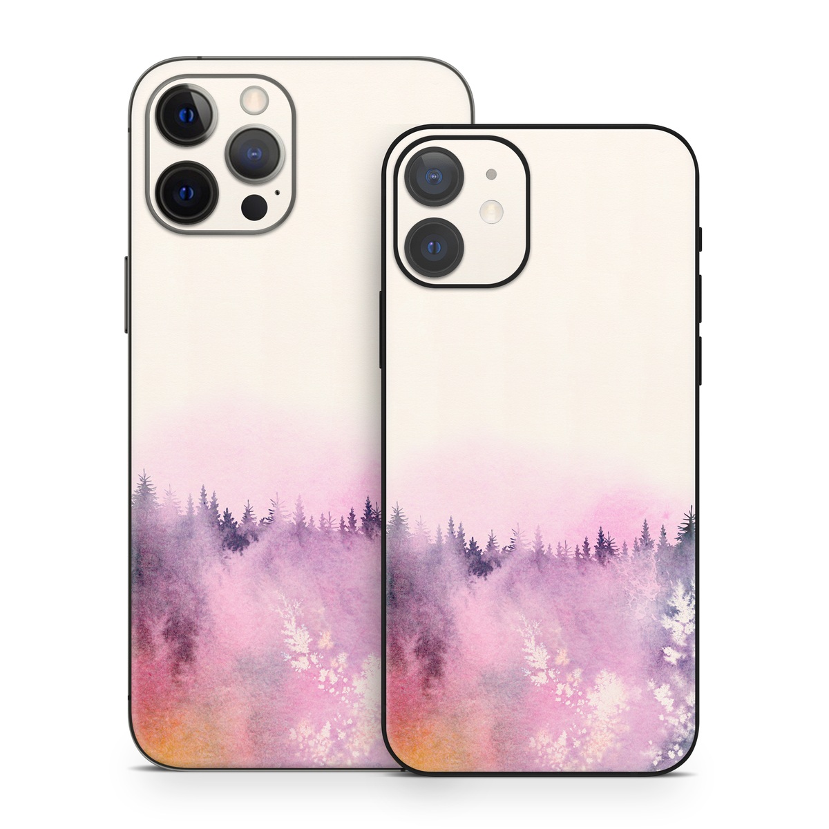 iPhone 12 Series Skin design of Watercolor paint, Sky, Atmospheric phenomenon, Tree, Atmosphere, Cloud, Landscape, Forest, Painting, Illustration, with white, yellow, pink, purple, blue, black colors