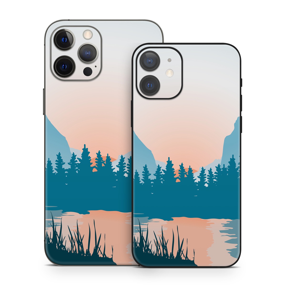 iPhone 12 Series Skin design of Sky, Atmosphere, Mountain, Ecoregion, Plant, Natural landscape, Larch, Highland, Fog, Atmospheric phenomenon, with blue, yellow, orange, green colors