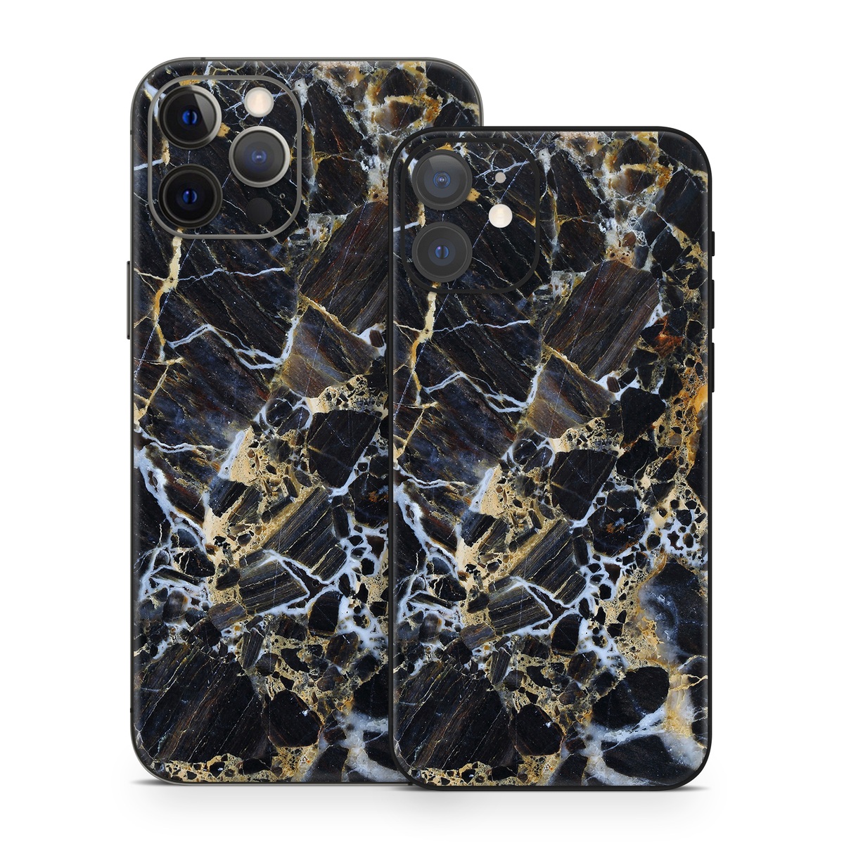 iPhone 12 Series Skin design of Black, Yellow, Rock, Brown, Marble, Water, Close-up, Granite, Pattern, Geology, with black, white, orange, gray, yellow colors