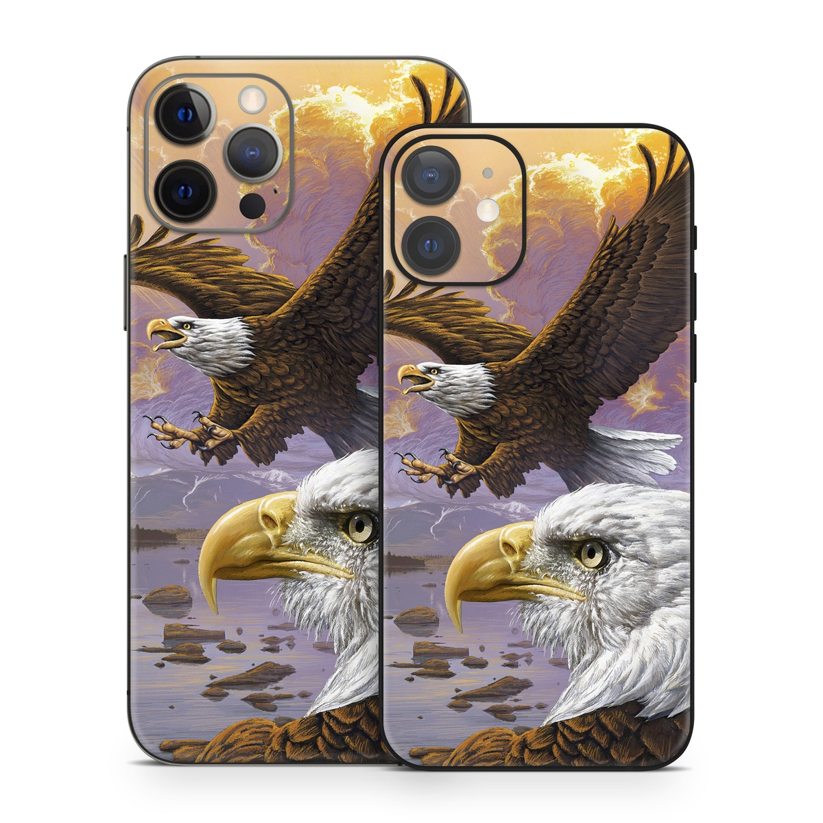 iPhone 12 Series Skin design of Bird, Bird of prey, Bald eagle, Vertebrate, Eagle, Accipitriformes, Accipitridae, Golden eagle, Beak, Hawk, with gray, black, green, red, purple colors