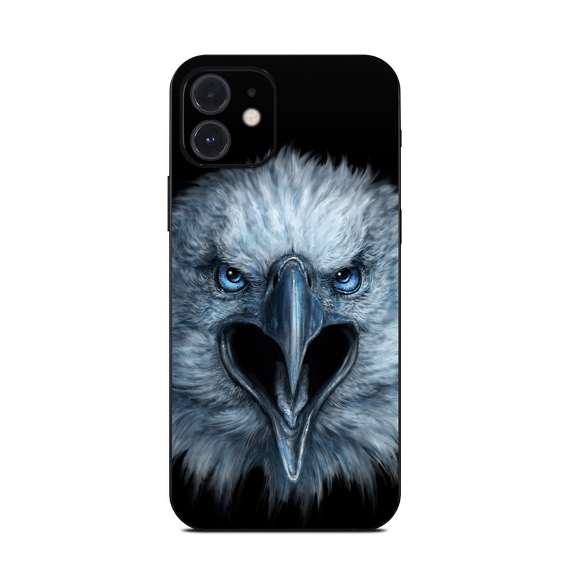 iPhone 12 Series Skin design of Bird, Vertebrate, Bird of prey, Beak, Eagle, Wildlife, Organ, Close-up, Eye, Accipitriformes, with white, gray, black, blue colors