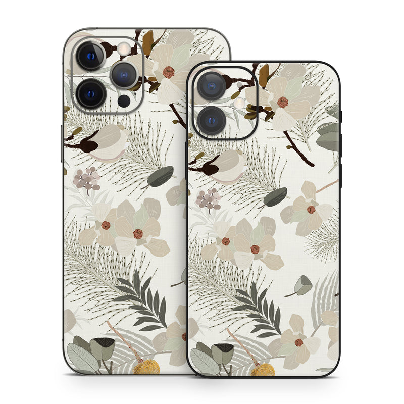 iPhone 12 Series Skin design of Branch, Botany, Twig, Plant, Textile, Organism, Art, Creative arts, Pattern, Tints and shades, with white, green, yellow, brown, gray colors