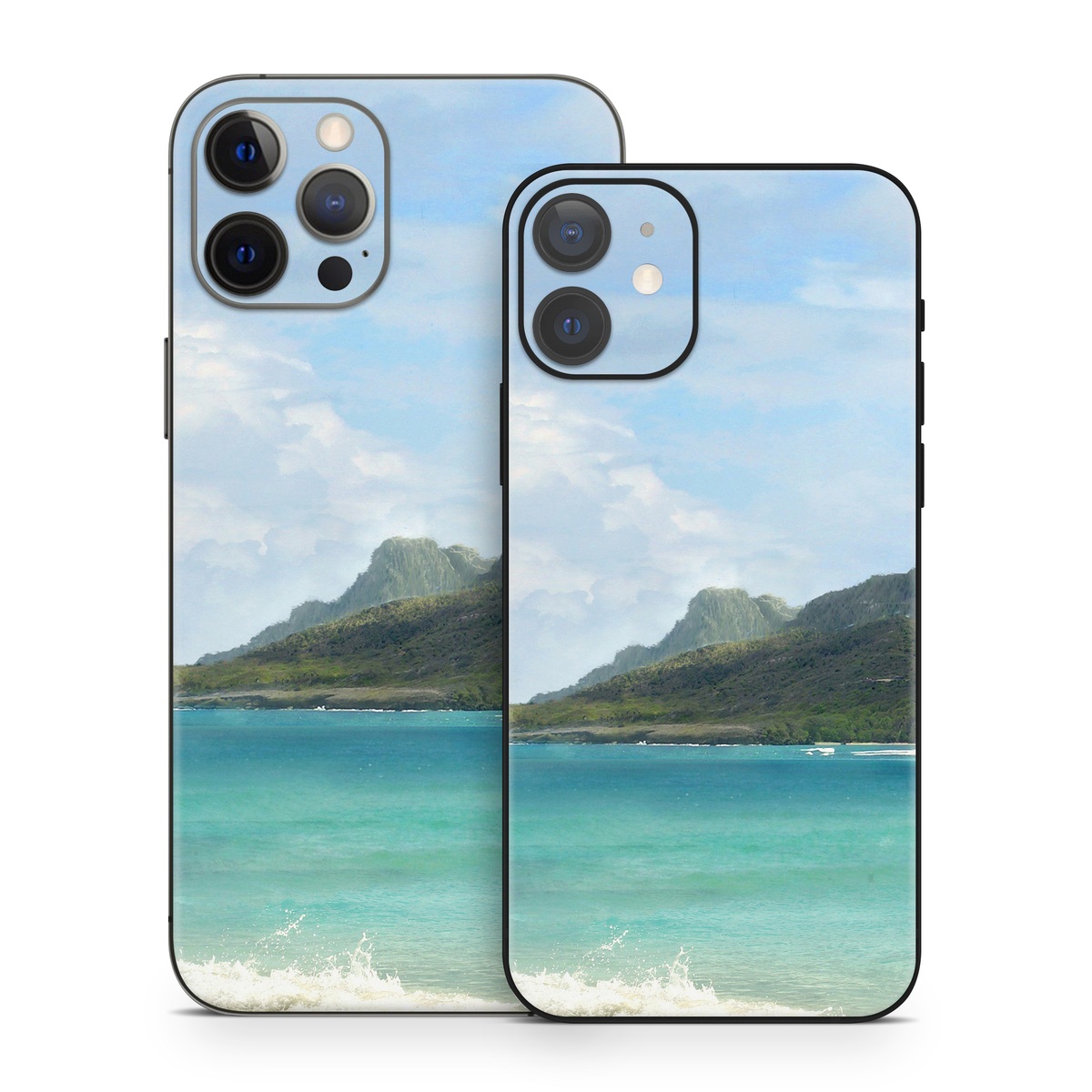 iPhone 12 Series Skin design of Body of water, Tropics, Nature, Natural landscape, Shore, Coast, Caribbean, Sea, Tree, Beach, with gray, black, blue, green colors