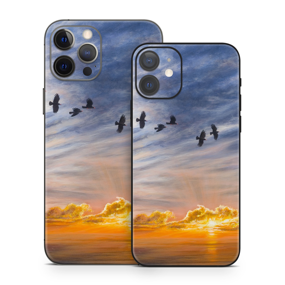 iPhone 12 Series Skin design of Sky, Cloud, Nature, Blue, Daytime, Atmosphere, Sunset, Afterglow, Evening, Horizon, with black, blue, yellow, orange, white colors
