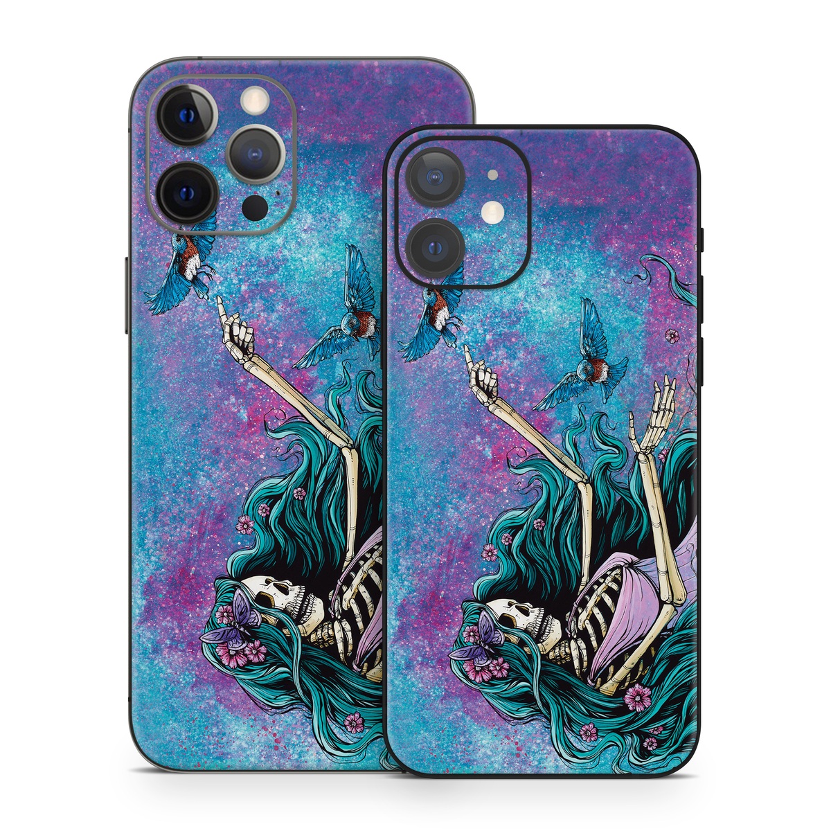 iPhone 12 Series Skin design of Green, Purple, Painting, Paint, Art, Cg artwork, Mythical creature, Musical instrument, Graffiti, Artist, with blue, purple, white, gray, brown colors