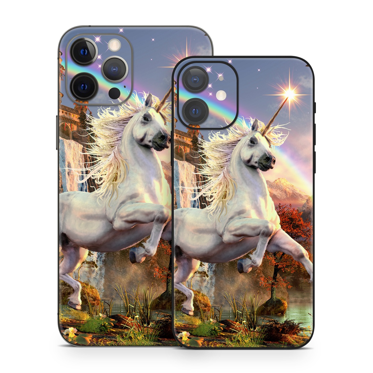 iPhone 12 Series Skin design of Nature, Unicorn, Fictional character, Sky, Mythical creature, Mythology, Cg artwork, Horse, Mane, Wildlife, with black, gray, red, green, blue colors