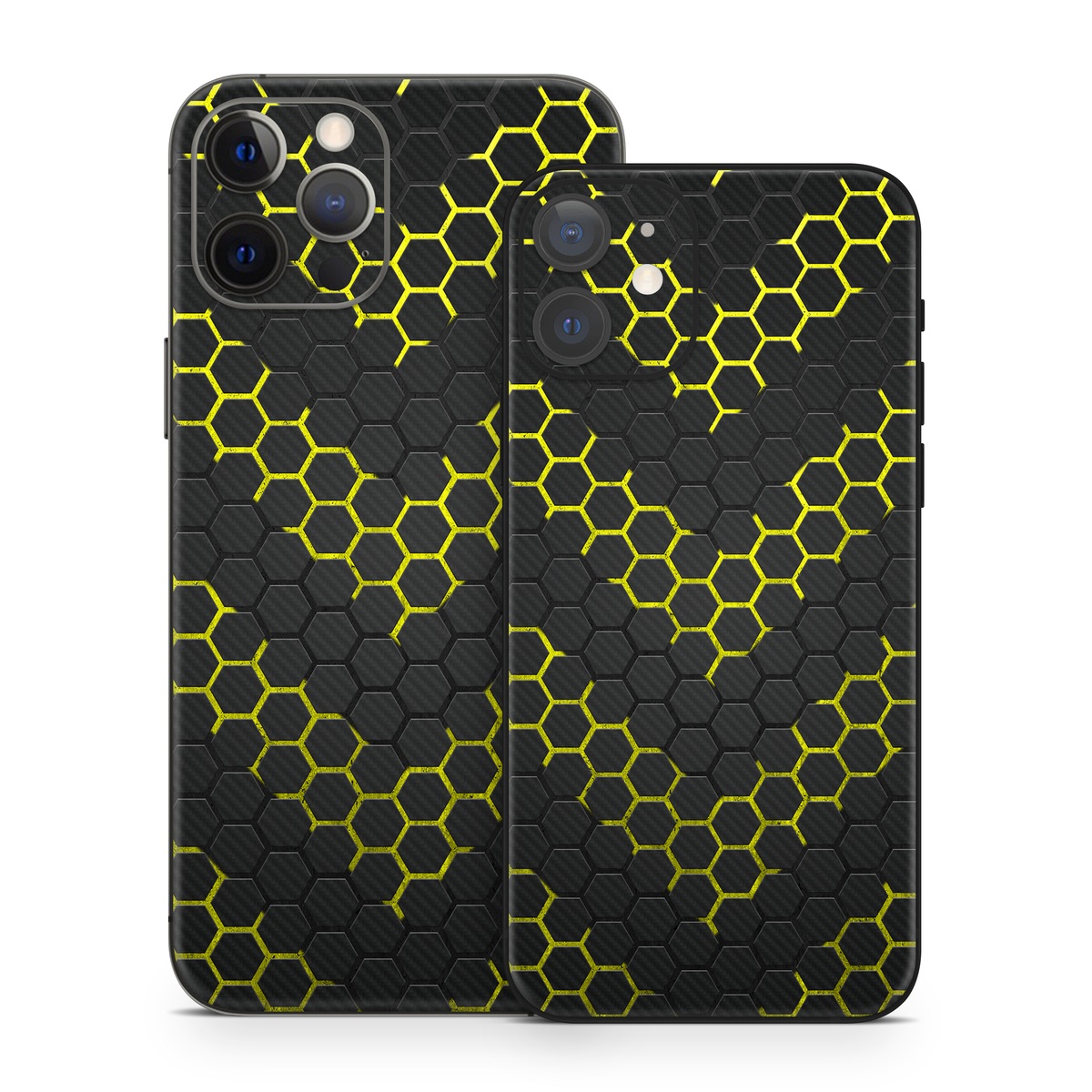 iPhone 12 Skin design of Black, Pattern, Yellow, Mesh, Net, Chain-link fencing, Design, Metal, with black, gray, yellow colors