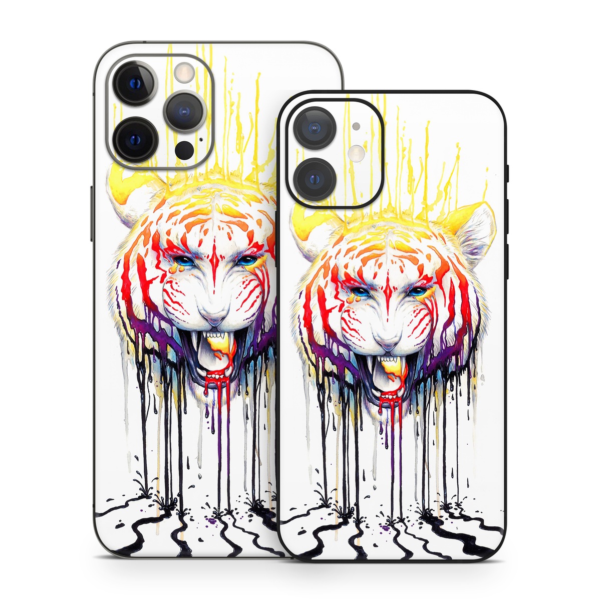 iPhone 12 Series Skin design of Jaw, Roar, Organism, Gesture, Art, Font, Felidae, Painting, Illustration, Drawing, with white, black, yellow, red, orange, purple colors