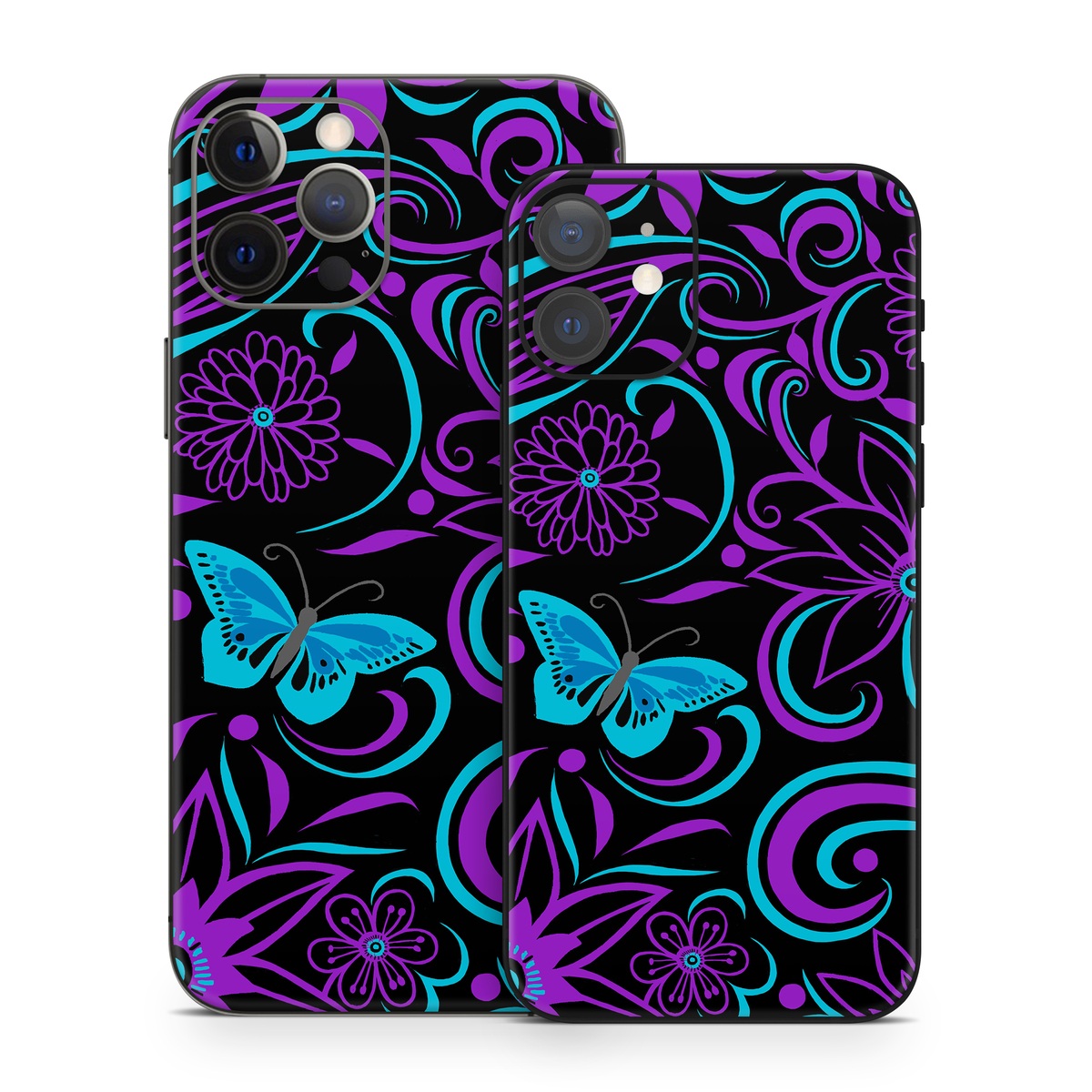 iPhone 12 Series Skin design of Pattern, Purple, Violet, Turquoise, Teal, Design, Floral design, Visual arts, Magenta, Motif, with black, purple, blue colors