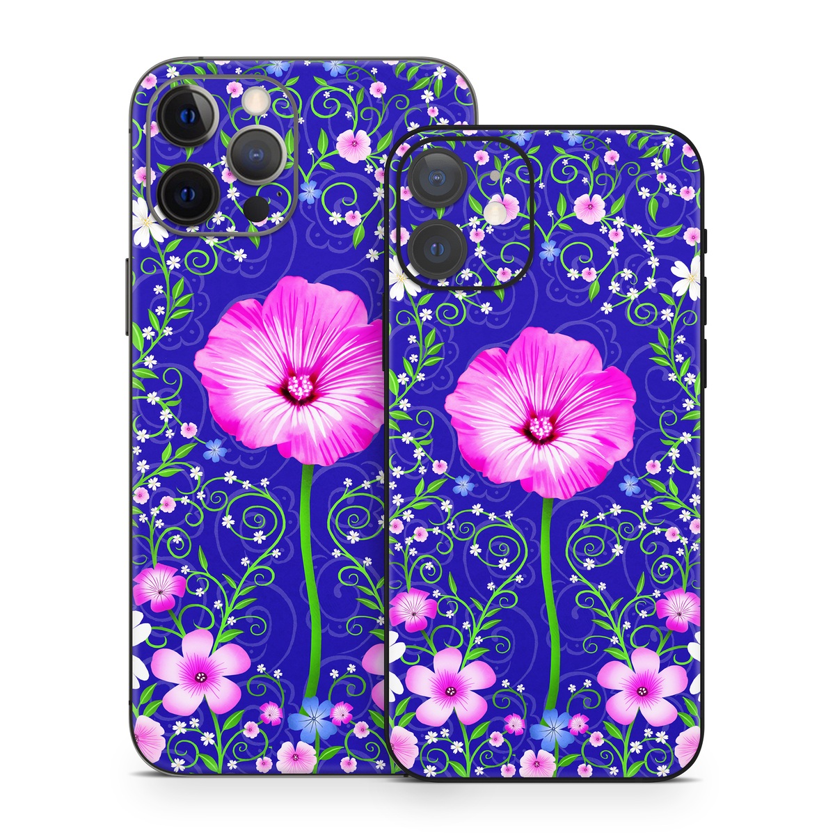 iPhone 12 Series Skin design of Purple, Violet, Flower, Plant, Wildflower, Pattern, Petal, Design, Graphics, Morning glory, with blue, purple, pink, green, white, yellow colors