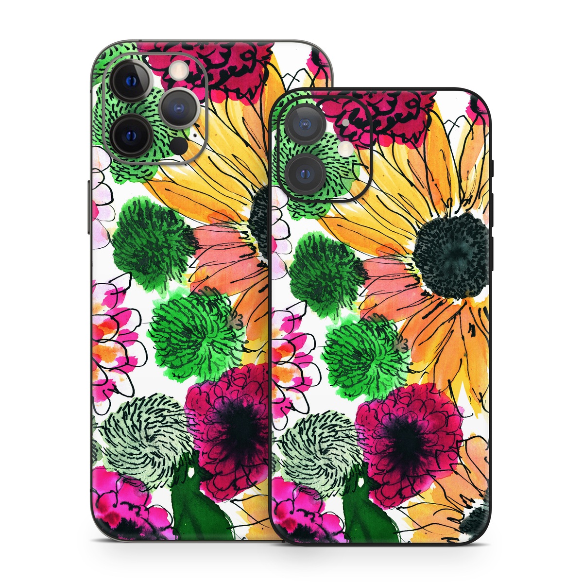 iPhone 12 Series Skin design of Flower, Floral design, Plant, Gazania, african daisy, Petal, Pattern, Botany, Wildflower, Design, with red, yellow, green, pink, black colors