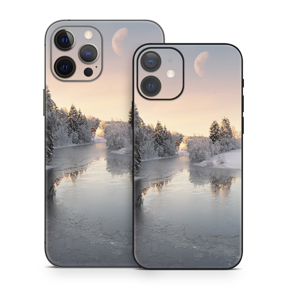 iPhone 12 Series Skin design of Water, Cloud, Sky, Atmosphere, Water resources, Tree, Natural landscape, Moon, Snow, Dusk, with blue, black, yellow, orange, white colors