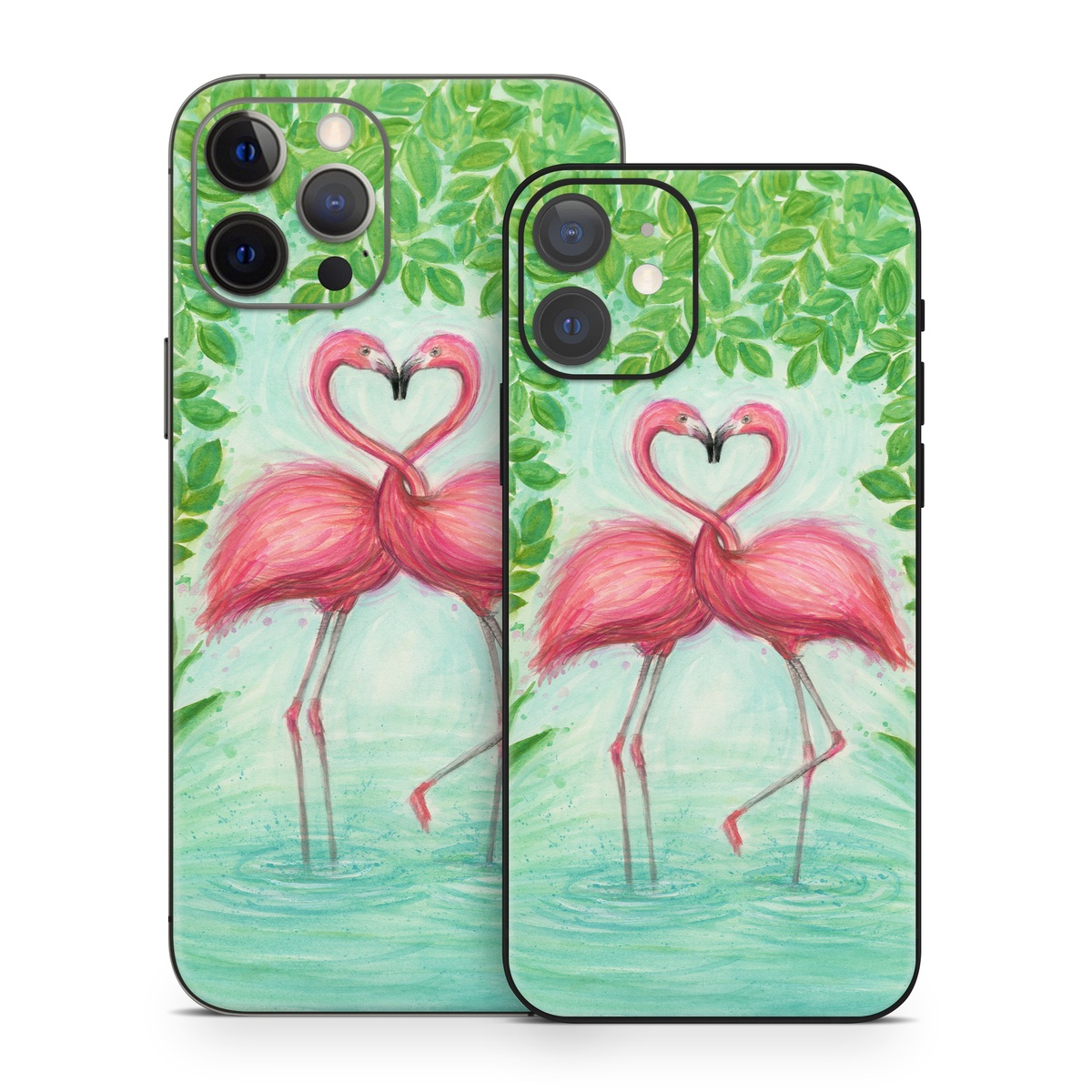 iPhone 12 Series Skin design of Flamingo, Greater flamingo, Bird, Water bird, Pink, Illustration, Watercolor paint, Organism, Drawing, Stork, with pink, blue, green colors