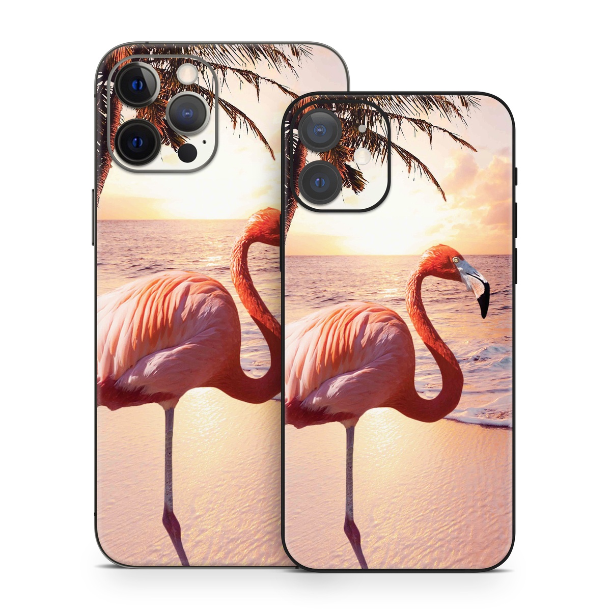 iPhone 12 Series Skin design of Flamingo, Greater flamingo, Bird, Water bird, Pink, Wildlife, Sky, Tree, Organism, Beak, with pink, blue, green, yellow, white, orange, black colors