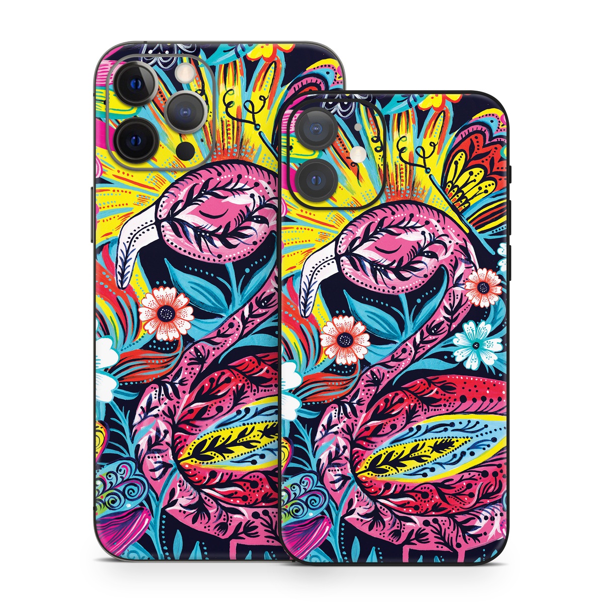 iPhone 12 Series Skin design of Psychedelic art, Pattern, Visual arts, Art, Design, Textile, Illustration, Plant, Graphic design, Drawing, with pink, yellow, black, blue, white colors