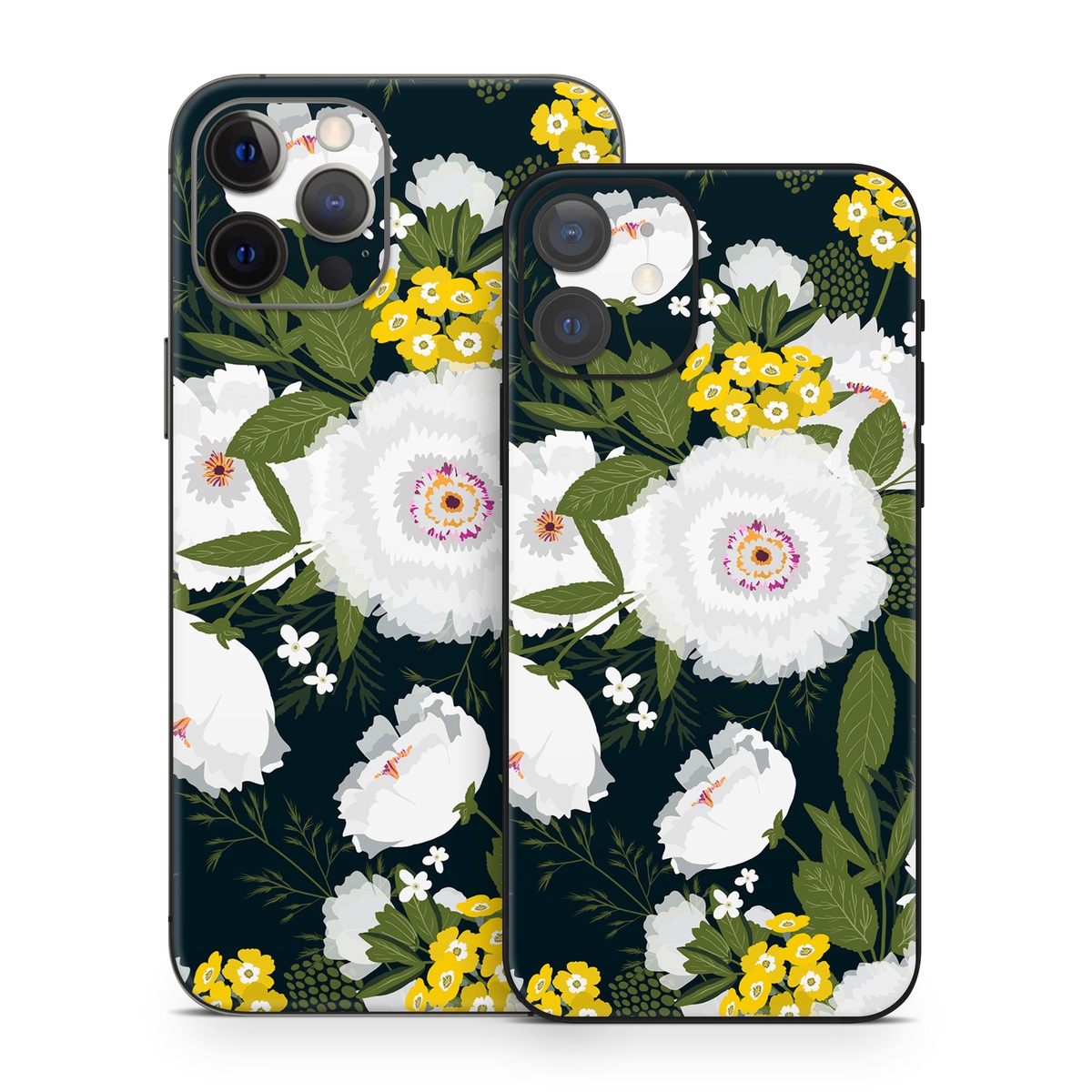 iPhone 12 Series Skin design of Flower, Flowering plant, Plant, Petal, Daisy, mayweed, Wildflower, Floral design, Annual plant, with green, yellow, white, orange colors