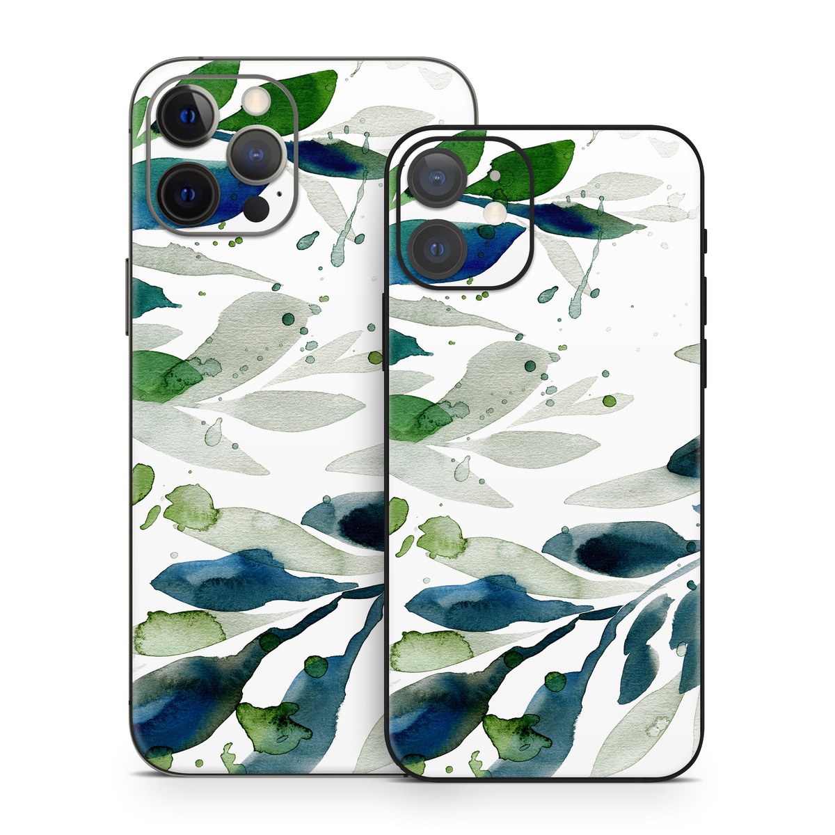 iPhone 12 Skin design of Leaf, Branch, Plant, Tree, Botany, Flower, Design, Eucalyptus, Pattern, Watercolor paint, with white, blue, green, gray colors