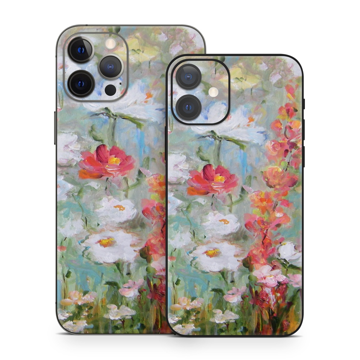 iPhone 12 Series Skin design of Flower, Painting, Watercolor paint, Plant, Modern art, Wildflower, Botany, Meadow, Acrylic paint, Flowering plant, with gray, black, green, red, blue colors