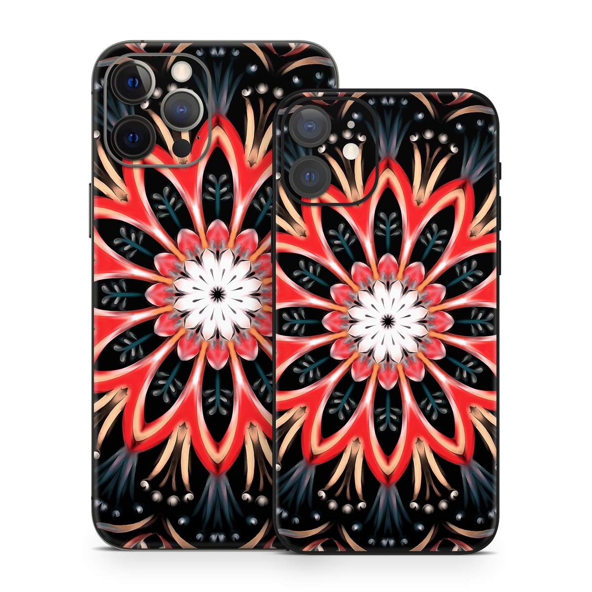 iPhone 12 Series Skin design of Pattern, Psychedelic art, Symmetry, Design, Art, Visual arts, Textile, Kaleidoscope, Fractal art, Ornament, with black, red, white, blue, yellow, orange colors