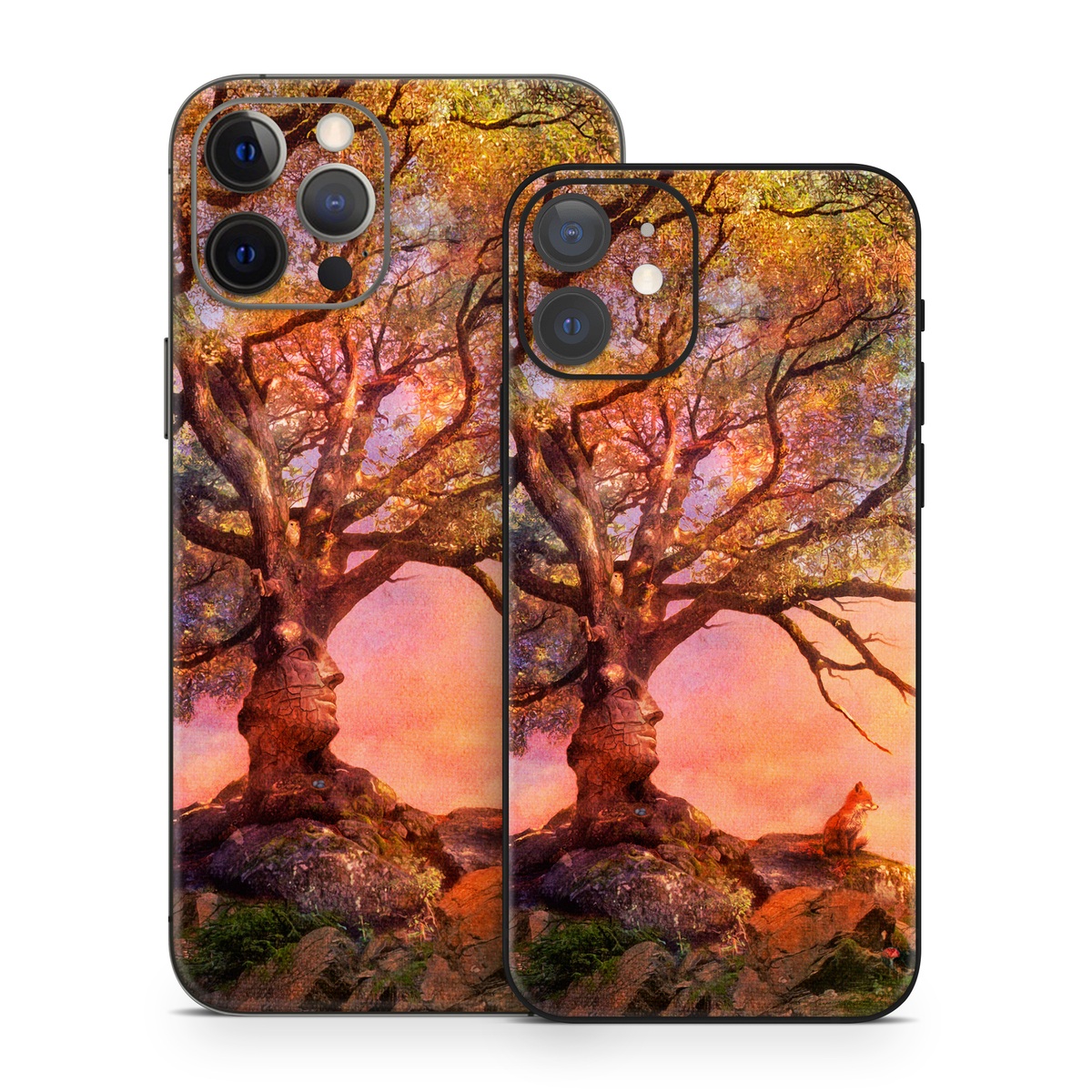 iPhone 12 Skin design of Nature, Tree, Sky, Natural landscape, Branch, Leaf, Woody plant, Trunk, Landscape, Plant with pink, red, black, green, gray, orange colors