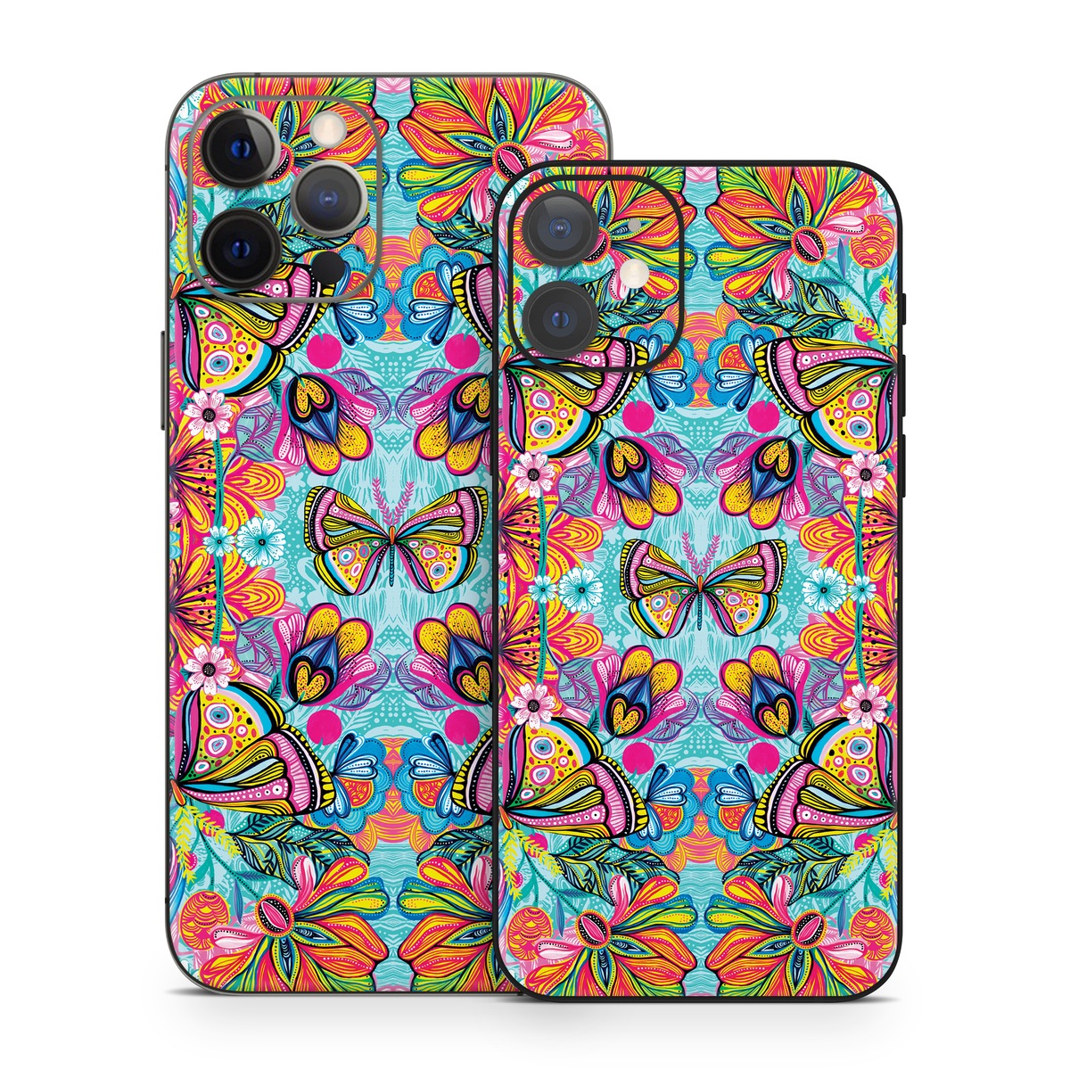 iPhone 12 Series Skin design of Pattern, Design, Textile, Psychedelic art, Visual arts, Symmetry, Art, Motif, with blue, pink, green, yellow, orange, purple colors