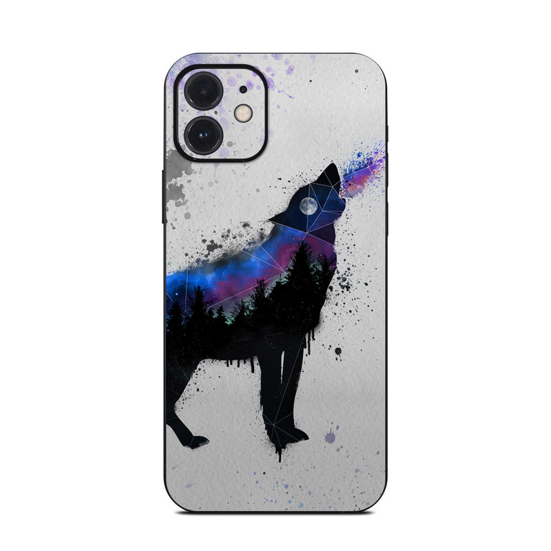 iPhone 12 Series Skin design of Canidae, Art, Illustration, Watercolor paint, Dog, Graphic design, Street art, Acrylic paint, Painting, Visual arts, with gray, white, blue, black, green, purple colors