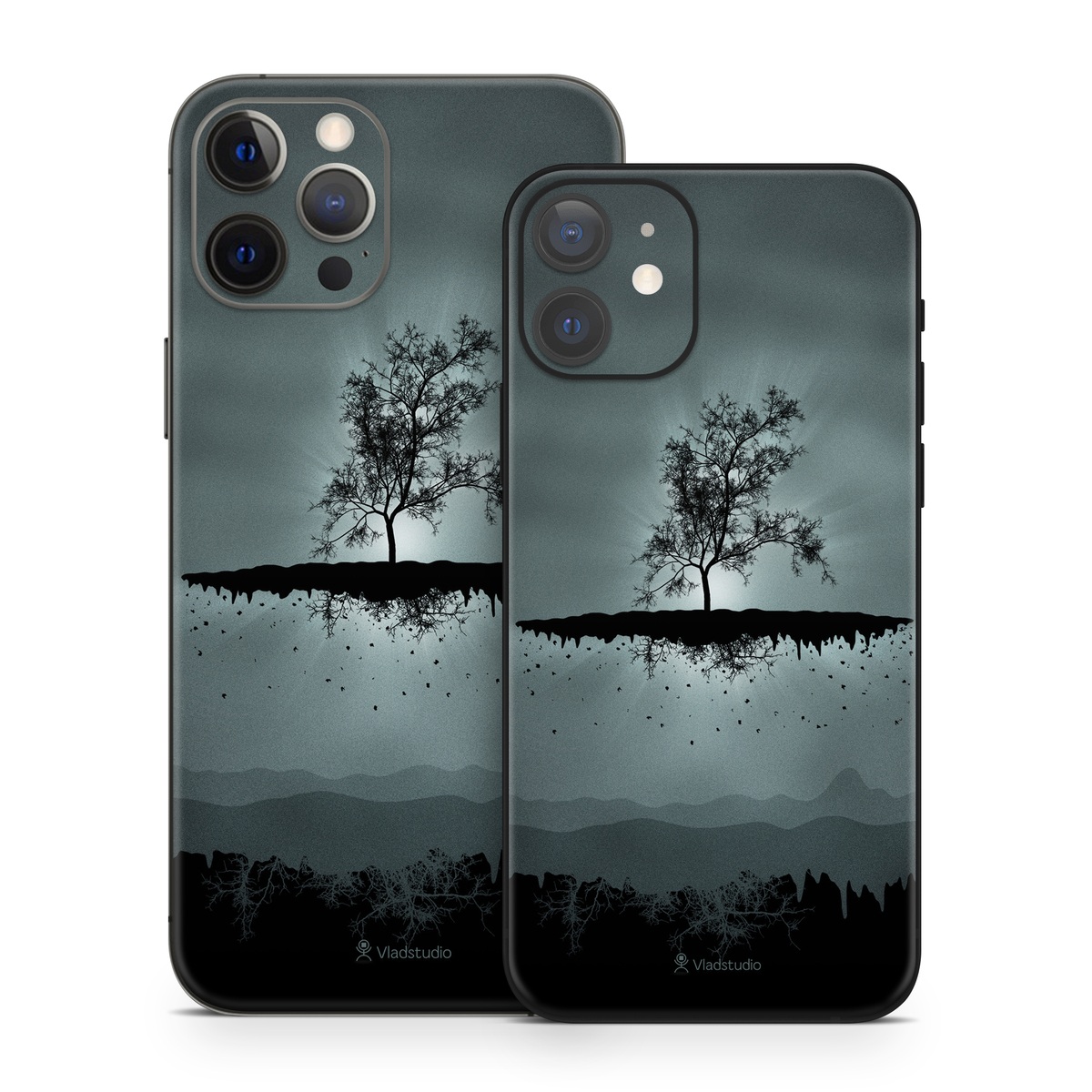 iPhone 12 Series Skin design of Reflection, Sky, Nature, Water, Black, Tree, Black-and-white, Monochrome photography, Natural landscape, Atmospheric phenomenon, with black, gray, blue colors